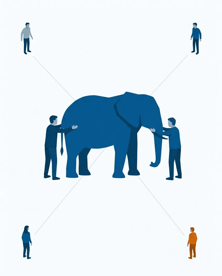 Two figures reach out to touch a large blue elephant from either end, while four others stand further off at the corners of the frame, one of them orange