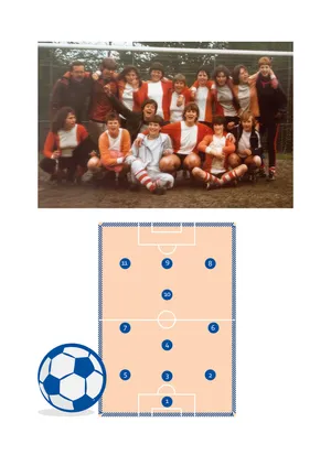 A youth football team photographed together, above a diagram of eleven players in their positions on the pitch
