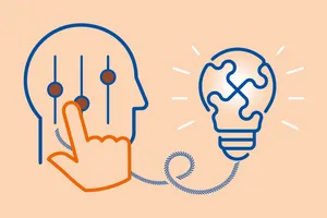 A head drawn in outline with three sliders set into it, an orange hand moving one of them, and a cord running from the head to a lit bulb made of puzzle pieces